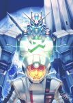  1boy amuro_ray birthday char&#039;s_counterattack commentary earth_(planet) fin_funnels funnels glowing glowing_eyes green_eyes gundam helmet looking_at_viewer male_focus mecha mobile_suit nu_gundam pilot_suit planet signature totthii0081 upper_body v-fin 