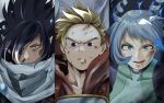  1girl 2boys absurdres amajiki_tamaki black_hair blue_eyes blue_hair bodysuit boku_no_hero_academia bruise cape dirty drill_hair fengling_(furin-jp) hadou_nejire highres injury long_hair looking_at_viewer multiple_boys parted_lips pointy_ears red_cape short_hair spiky_hair superhero togata_mirio tongue tongue_out upper_body violet_eyes white_cape 
