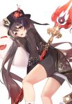  1girl absurdres brown_hair closed_eyes fang flower genshin_impact ghost hat hat_flower highres hu_tao_(genshin_impact) long_sleeves looking_at_viewer open_mouth polearm red_eyes shorts sleeves_past_wrists smile symbol-shaped_pupils tailcoat top_hat twintails weapon wide_sleeves 