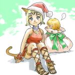  ... 1boy 1girl animal_ears bangs bikini blonde_hair blue_eyes breasts brown_footwear cat_ears cat_girl cat_tail final_fantasy final_fantasy_xi hat in_container in_sack jewelry looking_at_viewer medium_breasts mithra_(ff11) necklace no_eyebrows parted_bangs red_bikini sack sandals santa_hat short_hair short_twintails sitting solo speech_bubble spoken_ellipsis swimsuit tail tarutaru twintails yuccoshi 