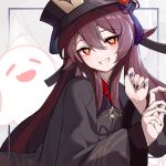  1girl absurdres black_nails blush brown_hair chinese_clothes closed_eyes fang genshin_impact ghost half-closed_eyes hat highres hu_tao_(genshin_impact) jewelry long_sleeves looking_at_viewer makir nail_polish open_mouth red_eyes ring smile solo teeth top_hat twintails wide_sleeves 