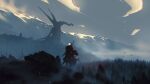  absurdres animal bird dragon facing_away fog forest from_behind geralt_of_rivia grass highres horns horse kalmahul mountainous_horizon nature ocean ponytail riding rock scenery signature the_witcher_(series) the_witcher_3 tree water weapon weapon_on_back white_hair wings 
