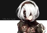  1girl aki663 black_blindfold black_hairband blindfold breasts character_name clothing_cutout hairband mole mole_under_mouth nier_(series) nier_automata puffy_sleeves short_hair simple_background solo yorha_no._2_type_b 