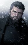  1boy areyoucracked beard black_hair black_jacket black_shirt chris_redfield closed_mouth facial_hair jacket male_focus open_clothes open_jacket resident_evil resident_evil_village shirt short_hair sideburns snowing solo upper_body winter 