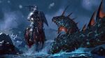  1other absurdres ambiguous_gender animal armor blurry blurry_foreground clouds cloudy_sky facing_another full_armor gauntlets helm helmet highres holding holding_shield horse kalmahul knight night open_mouth original rain scales sharp_teeth shield shiny shoulder_plates sky snake teeth water 