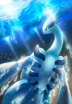  1other closed_mouth fang heart highres looking_at_viewer looking_back lugia marine_day no_humans ocean pokemon pokemon_(creature) red_eyes skin_fang sparkle sunlight tosaka_rai underwater water 