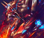  closed_mouth digimon digimon_(creature) fire glowing glowing_armor highres looking_ahead male_focus mecha megalogrowmon night platinum_blonde_hair red_eyes smoke solo sparkle spikes tosaka_rai upper_body 