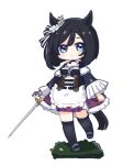  1girl :o animal_ears apron bangs black_hair black_legwear black_shirt blue_eyes blush chibi commentary_request detached_sleeves eishin_flash_(umamusume) eyebrows_visible_through_hair frilled_apron frills grey_footwear hair_between_eyes highres hitomiz holding holding_sword holding_weapon horse_ears horse_girl horse_tail layered_sleeves long_sleeves looking_at_viewer parted_lips puffy_short_sleeves puffy_sleeves shirt shoes short_over_long_sleeves short_sleeves skirt solo standing standing_on_one_leg striped striped_skirt sword tail thigh-highs umamusume vertical-striped_skirt vertical_stripes waist_apron weapon white_apron white_background wide_sleeves 