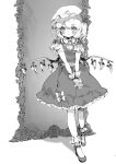  1girl :&gt; absurdres ankle_socks ascot bangs blush bobby_socks bow closed_mouth crystal curly_hair dot_nose doujinshi eyebrows eyebrows_visible_through_hair eyes_visible_through_hair fangs fangs_out flandre_scarlet frilled_cuffs frilled_legwear frilled_shirt_collar frilled_sleeves frills full_body gotoh510 greyscale hair_between_eyes hat hat_bow hatching_(texture) highres interlocked_fingers linear_hatching looking_at_viewer low_wings mary_janes medium_hair medium_skirt mirror mob_cap monochrome nail_polish one_side_up own_hands_clasped own_hands_together page_number petticoat pleated_skirt pointy_ears sash shoes short_sleeves sidelocks simple_background skirt skirt_set sleeve_bow smile socks solo standing touhou v_arms vest white_background wings wrist_cuffs 