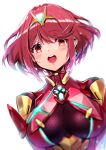  :d bangs blush breasts cawang chest_jewel earrings eyebrows_visible_through_hair jewelry large_breasts pyra_(xenoblade) red_eyes redhead short_hair simple_background smile swept_bangs tiara upper_body white_background xenoblade_chronicles_(series) xenoblade_chronicles_2 