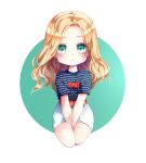  1girl :o absurdres animification belt between_legs blonde_hair blue_shirt chibi go_won green_eyes hand_between_legs highres k-pop long_hair looking_at_viewer loona_(group) real_life red_belt ruru_creations seiza shirt shorts sitting solo striped striped_shirt white_shorts 
