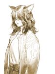  1girl absurdres animal_ear_fluff animal_ears cardigan cat_ears closed_mouth hair_over_eyes highres long_hair long_sleeves open_cardigan open_clothes original shirt simple_background solo wavy_hair white_background yuccoshi 