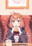  1girl absurdres ahoge bangs black_jacket blush bow bowtie brown_hair burger commentary_request cup disposable_cup drinking_straw eating eyebrows_visible_through_hair flower food green_eyes hair_flower hair_ornament highres holding holding_food honma_himawari indoors jacket long_sleeves looking_at_viewer mcdonald&#039;s nijisanji open_mouth red_bow red_bowtie round_teeth shirt short_hair solo sunflower teeth upper_body virtual_youtuber white_shirt yellow_flower yumesaki_nana 