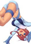  1girl :d absurdres ass bangs blue_eyes bodysuit breasts hair_bun hair_ornament hair_scrunchie hands_up highres large_breasts open_mouth pokemon pokemon_(game) pokemon_bw prophecy_(rakuichimonji) redhead scrunchie sidelocks simple_background skyla_(pokemon) smile solo stomach tan thigh_strap thighs upside-down white_background 