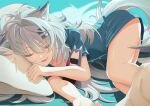  1girl :3 absurdres alternate_costume animal_ears arknights blue_shirt character_doll closed_eyes fang feet_out_of_frame grey_hair hair_ornament hairclip highres lappland_(arknights) long_hair lying messy_hair on_side open_mouth pillow shirt sleeping solo tail texas_(arknights) wolf_ears wolf_girl wolf_tail yuu_(yuu_yu) 