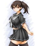  1girl akimoto_dai alternate_costume arms_behind_back artist_name black_legwear black_sailor_collar black_serafuku black_skirt brown_eyes brown_hair commentary_request dated highres kaga_(kancolle) kantai_collection long_hair name_tag neckerchief one-hour_drawing_challenge pleated_skirt sailor_collar school_uniform serafuku short_sleeves side_ponytail skirt solo thigh-highs white_neckerchief 