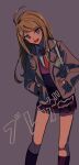  1girl :d akamatsu_kaede bangs blazer blonde_hair blush collared_shirt danganronpa_(series) danganronpa_v3:_killing_harmony hair_ornament hands_in_pockets highres jacket kneehighs long_hair long_sleeves miniskirt musical_note_hair_ornament necktie nzeneee open_clothes open_jacket orange_necktie parted_bangs pleated_skirt print_skirt purple_background purple_legwear purple_skirt purple_sweater shiny shiny_hair shirt sketch skirt smile solo sweater violet_eyes white_shirt wing_collar 