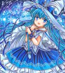  1girl :d beamed_sixteenth_notes blue_background blue_bow blue_eyes blue_hair blue_ribbon blue_skirt blush bow capelet center_frills eighth_note eyebrows_visible_through_hair frilled_skirt frills hat hat_bow hatsune_miku holding holding_wand large_hat long_hair looking_at_viewer marker_(medium) musical_note open_mouth ribbon rui_(sugar3) sample shirt skirt smile snowflake_background solo traditional_media very_long_hair vocaloid wand white_capelet white_headwear white_shirt witch_hat wrist_cuffs yuki_miku yuki_miku_(2014) 