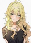  1girl ahoge bangs black_shirt blonde_hair blush breasts closed_mouth collarbone commentary dot_nose grey_background hoshii_miki idolmaster idolmaster_(classic) iwawa jewelry long_hair looking_at_viewer medium_breasts necklace shirt short_sleeves smile solo upper_body 