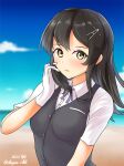  1girl absurdres beach black_hair black_vest blue_ribbon blush clouds dangan_kurabu dated day dress_shirt eyebrows_visible_through_hair gloves green_eyes hair_ornament hairclip highres kantai_collection long_hair looking_at_viewer neck_ribbon ocean open_mouth oyashio_(kancolle) ribbon sand shirt sky solo twitter_username upper_body vest white_gloves white_shirt 