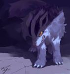  claws colored_sclera commentary_request dated looking_at_viewer mightyena no_humans orange_eyes pokemon pokemon_(creature) signature solo standing yellow_sclera yu_ikedon 