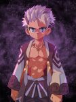  1boy abs character_request child colored_skin commentary gem highres jewelry kabon_(b00902061) looking_at_viewer male_focus multicolored_hair muscular muscular_male orange_skin purple_hair scar scar_on_chest scared solo starry_background tales_of_(series) tales_of_symphonia tower_of_saviors violet_eyes white_hair 
