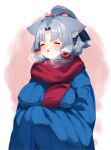  1girl absurdres animal_ears beads blue_coat blush breasts breath closed_eyes coat commentary grey_hair hair_beads hair_ornament hair_tie highres large_breasts open_mouth own_hands_together red_scarf scarf solo touhoku_itako voiceroid yakata_tata 