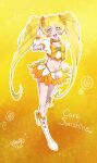  1girl :d bangs blonde_hair boots bow character_name choker collarbone crop_top cure_sunshine earrings eyebrows_visible_through_hair floating_hair full_body hair_bow heartcatch_precure! highres jewelry long_hair looking_at_viewer midriff miniskirt navel orange_bow orange_choker orange_skirt precure skirt smile solo standing stomach twintails usiusi_nanas very_long_hair w white_footwear wrist_cuffs yellow_background yellow_eyes 