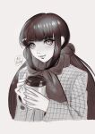  1girl alternate_costume artist_name bangs bow bowtie cropped_torso cup danganronpa_(series) danganronpa_v3:_killing_harmony english_commentary eyebrows_visible_through_hair grey_background greyscale hair_ornament hair_scrunchie hairclip harukawa_maki highres holding holding_cup huge_bow jacket long_hair long_sleeves looking_at_viewer low_twintails missarilicious mole mole_under_eye monochrome open_clothes open_jacket plaid plaid_jacket scrunchie shiny shiny_hair smile solo twintails 