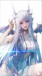  bracelet breasts chinese_clothes douluo_dalu dragon_wings gu_yuena highres jewelry large_breasts long_hair necklace silver_hair thighs violet_eyes weibo_id weibo_logo wings 