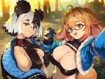  2girls :d ahoge animal_ears bangs black-framed_eyewear black_hair blue_eyes blue_jacket bonnie_(bunny_gif) breasts carrot_hair_ornament character_request commentary cropped_jacket english_commentary fingerless_gloves food-themed_hair_ornament fur_trim glasses gloves hair_between_eyes hair_ornament hairclip highres holding_hands indie_virtual_youtuber interlocked_fingers jacket jewelry large_breasts long_hair looking_at_viewer medium_breasts multicolored_eyes multicolored_hair multiple_girls navel necklace open_clothes open_jacket open_mouth optionaltypo orange_hair outdoors pink_hair rabbit_ears red_eyes selfie semi-rimless_eyewear short_hair smile tail two-tone_hair under-rim_eyewear virtual_youtuber white_hair 