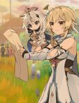  2boys 2girls animal bangs blonde_hair blue_flower blurry blurry_background breasts closed_mouth clouds detached_sleeves dress fingerless_gloves flower fox genshin_impact gloves grass gyoju_(only_arme_nim) hair_between_eyes hair_flower hair_ornament halo highres holding holding_animal holding_map korean_commentary lumine_(genshin_impact) map multiple_boys multiple_girls outdoors paimon_(genshin_impact) short_hair_with_long_locks sky small_breasts squiggle standing sweat tartaglia_(genshin_impact) white_dress white_flower white_hair zhongli_(genshin_impact) 