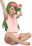  1girl absurdres arms_up barefoot blindfold crossed_legs dark-skinned_female dark_skin full_body green_eyes green_hair hair_down highres indian_style long_hair mallow_(pokemon) one_eye_closed open_mouth pajamas pokemon pokemon_(game) pokemon_sm prophecy_(rakuichimonji) shirt shorts sitting sleepwear sleepy solo tan waking_up yawning 