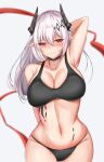  1girl arknights arm_behind_back arm_behind_head arm_up armpits bangs bare_shoulders black_choker black_panties blush breasts choker commentary_request cowboy_shot eyebrows_visible_through_hair grey_background groin hair_between_eyes highres horns infection_monitor_(arknights) kujirairuka large_breasts long_hair looking_at_viewer midriff mudrock_(arknights) navel oripathy_lesion_(arknights) panties pointy_ears red_eyes silver_hair simple_background solo sports_bra stomach underwear 