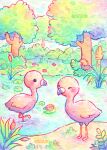  animal artist_name bird bisquii bush chibi closed_eyes flamingo flower foliage forest lake leaf leg_up lily_pad nature no_humans original painting_(medium) plant pond red_eyes standing standing_on_one_leg traditional_media tree water watercolor_(medium) 