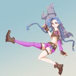  1girl 26th ankle_boots bangs bare_shoulders blue_hair boots braid breasts brown_footwear brown_gloves bullet elbow_gloves fingerless_gloves gloves gradient gradient_background green_background grin highres holding holding_weapon jinx_(league_of_legends) league_of_legends leg_up long_hair looking_at_viewer looking_to_the_side navel pink_shorts rocket_launcher shiny shiny_hair shorts single_thighhigh small_breasts smile solo stomach tattoo teeth thigh-highs twin_braids very_long_hair weapon 