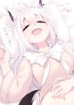  1girl ahoge animal_ears braid closed_eyes dated drooling fox_ears fox_girl fox_tail highres hikawa_shou hololive lying midriff navel on_back open_mouth pillow shirakami_fubuki side_braid signature sleeping smile solo tail translation_request upper_body virtual_youtuber white_hair 