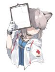  1girl ahoge animal_ears arknights bangs black_choker blue_shirt blush choker clipboard closed_mouth commentary covering_face cropped_torso fox_ears gloves grey_hair highres holding holding_clipboard hood hood_down infection_monitor_(arknights) jacket looking_at_viewer name_tag paper polyvora red_cross shirt short_hair sidelocks simple_background solo sussurro_(arknights) white_background white_gloves white_jacket 