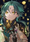  1boy ahoge aqua_hair arm_tattoo armor bead_necklace beads blurry blurry_background facial_mark forehead_mark genshin_impact gloves gradient_hair green_gloves green_hair gyoju_(only_arme_nim) highres holding holding_mask jewelry lantern male_focus mask multicolored_hair necklace parted_lips shoulder_armor solo spikes tattoo upper_body yellow_eyes 