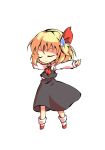  1girl arms_up ascot bangs blonde_hair chibi closed_eyes closed_mouth collar collared_shirt dairi eyebrows_visible_through_hair full_body grey_skirt grey_vest hair_between_eyes hair_ribbon hands_up long_skirt long_sleeves red_ascot red_footwear red_ribbon ribbon rumia shaded_face shirt shoes short_hair simple_background skirt socks solo standing tachi-e touhou vest white_background white_legwear white_shirt white_sleeves 