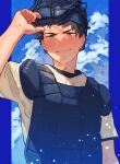  1boy abe_takaya baseball_helmet baseball_jersey baseball_uniform black_hair brown_eyes chest_protector closed_mouth clouds day helmet highres looking_at_viewer male_focus ookiku_furikabutte outdoors polypumb_fr short_hair sky smile solo sportswear upper_body 