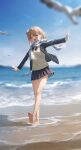  1girl ^_^ ^o^ bare_legs barefoot beach beige_vest bird blazer blue_jacket blurry blurry_background blurry_foreground closed_eyes connie_(keean2019) depth_of_field grey_hair highres jacket no_shoes ocean one_side_up original outstretched_arms plaid plaid_scarf pleated_skirt sand scarf school_uniform seagull skirt smile sweater_vest 