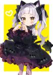  1girl absurdres animal_ear_fluff animal_ears bangs black_bow black_dress black_ribbon blush bow cat_ears cat_girl cat_tail choker dress eyes_visible_through_hair feet_out_of_frame frilled_bow frilled_choker frilled_dress frilled_ribbon frilled_sleeves frills gothic_lolita hair_ribbon heart heart_hands highres hololive lolita_fashion long_hair long_sleeves looking_at_viewer murasaki_shion noi_mine pantyhose puckered_lips ribbon short_eyebrows silver_hair simple_background solo tail tail_bow tail_ornament twintails very_long_hair virtual_youtuber yellow_eyes younger 