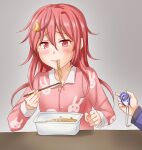  1girl 1other ahoge animal_print anti_(untea9) blush bowl bunny_print chopsticks commentary_request crescent crescent_hair_ornament eating eyebrows_visible_through_hair food gradient gradient_background grey_background hair_ornament highres holding kantai_collection long_hair noodles pajamas pink_hair pink_shirt red_eyes shirt spring_onion sweatdrop table upper_body uzuki_(kancolle) 