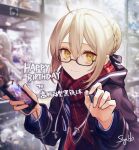  1girl ahoge artoria_pendragon_(fate) bangs blonde_hair braid cellphone coat earphones eyebrows_behind_hair eyebrows_visible_through_hair fate/grand_order fate_(series) hair_between_eyes hair_ribbon highres holding holding_earphones holding_phone looking_at_viewer mysterious_heroine_x_(alter)_(fate) phone reaching_out ribbon scarf school_uniform siya_ho smartphone smile solo window yellow_eyes 