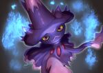  closed_mouth colored_sclera commentary_request fire glowing highres looking_at_viewer mismagius no_humans pokemon pokemon_(creature) signature smile solo tanpakuroom violet_eyes yellow_sclera 