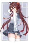  1girl alternate_costume brown_hair cropped_legs genshin_impact gradient_hair highres hu_tao_(genshin_impact) kiz_mk long_hair looking_at_viewer looking_back multicolored_hair red_eyes redhead school_uniform solo thigh-highs twintails uniform very_long_hair white_legwear zettai_ryouiki 