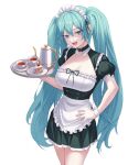  1girl absurdres apron blue_eyes blue_hair breasts cake cake_slice choker cowboy_shot cup eyebrows_visible_through_hair food fruit hair_between_eyes hand_on_hip hatsune_miku highres holding holding_tray large_breasts long_hair looking_at_viewer maid maid_apron maid_headdress open_mouth panichyun plate short_sleeves simple_background solo strawberry tea teacup teapot tongue tray twintails very_long_hair vocaloid white_background wrist_cuffs 