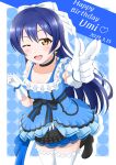  1girl absurdres bangs bare_shoulders birthday blue_dress blue_hair blush character_name choker commentary_request dated dress earrings english_text eyebrows_visible_through_hair gloves hair_ribbon happy_birthday highres jewelry kira-kira_sensation! long_hair looking_at_viewer love_live! love_live!_school_idol_project one_eye_closed open_mouth pointing pointing_at_viewer ribbon simple_background smile solo sonoda_umi swept_bangs thigh-highs white_gloves white_legwear yellow_eyes 
