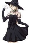  1girl bangs black_dress black_gloves black_headwear blonde_hair blue_eyes brooch closed_mouth commentary dress elbow_gloves expressionless gloves halloween halloween_costume hat highres holding holding_letter jewelry letter long_hair looking_at_viewer medium_dress omachi_(slabco) simple_background skirt_hold solo standing violet_evergarden violet_evergarden_(series) white_background witch_hat 
